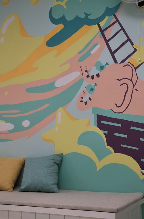 A recent mural work for a children's room at a local church in Austin, Texas. Calming Mural, Dream Kids, Office Art, Austin Texas, Childrens Room, Ux Design, Austin, Illustrator, Mural