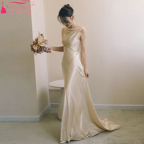 Simple Silk Satin Mermaid Wedding Dress ,Draped Back .Champagne Elegant Boho Bridal Gowns Chic  ZW1200 - AliExpress 320 Tank Top Wedding Dress, Silk Wedding Dress Simple, Champagne Silk Dress, Low Back Wedding Gowns, Satin Mermaid Wedding Dress, Satin Bridal Gowns, Boho Bridal Gowns, Silk Wedding Dress, Top Wedding Dresses