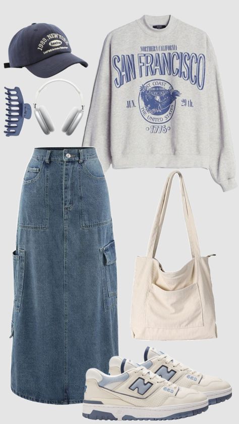 #blueaesthetic #schooloutfit #modest #casual #longjeanskirt #skirt #sweatshirt #college #modestfashion #winteroutfit #outfitideas #ootd #outfit Modest Girly Outfits, Stylish Outfits Casual, Modest Casual, Modest Casual Outfits, Stile Hijab, Modest Outfit, Modesty Outfits, Cute Modest Outfits, Casual College Outfits