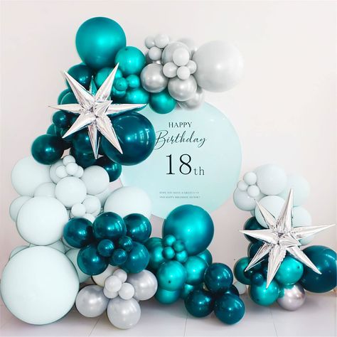 Winter Balloon Garland, Teal Balloon Garland, Modern Disco, Teal Balloons, Balloons For Wedding, Teal Party, Happy Birthday 18th, Green Balloons, Teal And Silver