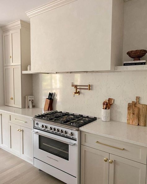 Venetian Plaster Hood and Beige Kitchen Cabinets - Soul & Lane Venetian Plaster Hood, Kitchen Vent Hood Ideas, White Crown Molding, Plaster Hood, Dwell Kitchen, Kitchen Hood Ideas, Beige Kitchen Cabinets, No Upper Cabinets, Cream Kitchen Cabinets