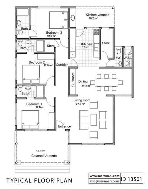 5 Rooms House Plans, Story Building Plans, 3 Bedroom Self Contained Plans, Three Rooms House Plan, House Design 3 Bedrooms With Plans, Four Room House Design, Three Bed Rooms House Plan, Single Bedroom Floor Plan, 3 Bed Rooms House Plans Simple