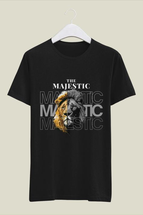 Let your feline spirit shine with our "The Majestic Lion" t-shirt. Featuring a towering image of a lion and "The Majestic" writing, this t-shirt is a tribute to the beauty and power of these magnificent creatures.
 Whether expressing your passion for lions, affirming your inner strength or simply adding a wild touch to your wardrobe, this t-shirt is a perfect choice. Uapb Golden Lions Shirt, Lions Tshirt Design, Lion Shirt Design, Lion Of Judah Tshirt Design, Lion Tshirt Design, Lion T Shirt, Womens Lion Shirt, School Store, Lion Quotes