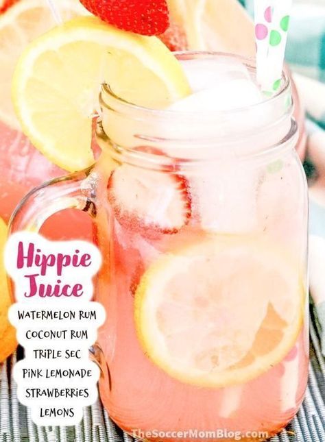 If you are looking for a delicious and refreshing summer treat, then you need to try this hippie juice recipe from the Soccer Mom Blog! This alcoholic drink is filled with watermelon rum, coconut rum, pink lemonade, and strawberries. Make this delicious hippie juice this summer! Hippie Juice Recipe Gallon, Hippie Juice Recipe, Pink Lemonade Punch, Fruity Cocktail Recipes, Hippie Juice, Coconut Rum Drinks, Watermelon Syrup, Sugar Free Lemonade, Birthday Party Drinks