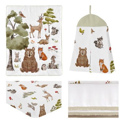 The 4pc woodland forest animals' baby bedding will create a whimsical nursery filled with charming watercolor-painted forest animals. This artistic gender-neutral crib bedding set uses a sensational collection of exclusive brushed microfiber fabrics. It features a hand-painted watercolor nature scene complete with friendly deer, owls, bears, bunnies, foxes, hedgehogs, squirrels, and raccoons. It is complimented with a coordinating woodland creature print, solid fabrics, and tufted fringe details Neutral Crib Bedding Sets, Gender Neutral Crib Bedding, Children's Bedding, Watercolor Bedding, Woodland Forest Animals, Neutral Crib, Crib Comforter, Watercolor Woodland, Baby Crib Bedding Sets