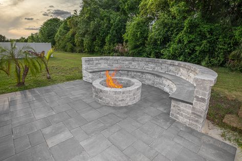 Outdoor Stone Bench Seating, Fire Pit With Retaining Wall Seating, Patio With Fire Pit And Seating Wall, Fire Pit Square Ideas Backyard, Fire Pit With Built In Bench, Curved Fire Pit Bench, Fire Pit With Seating Wall, Fire Pit With Bench Seating, Paver Bench Seating Areas