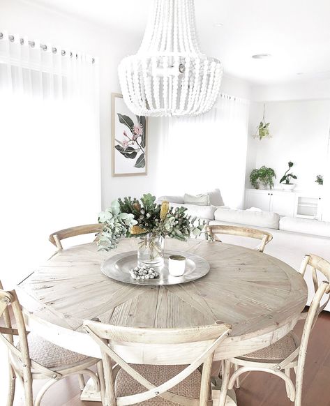 Our dining space has come together beautifully with a combination of Hamptons and modern farmhouse styling Minimalist Dining Room Table Round, Round Coastal Dining Table, Modern Farmhouse Round Table, Hamptons Dining Table Styling, Hampton Round Dining Table, Coastal Farmhouse Round Dining Table, Hamptons Round Dining Table, Hampton Table Centrepiece, Hamptons Style Dining Table