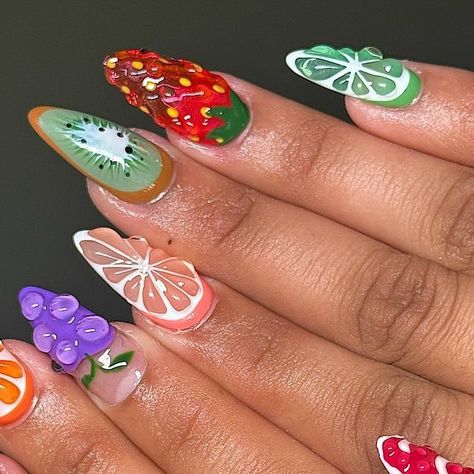 Myprettyset on Instagram: "fruit salad 🥝🍇🍉🍓🍊🍋🍋‍🟩  Inspo @setsxnenita   #gelnails #gelxnails #gelxapres #apresgelx #après  #sandimasnails #inlandempirenails #nails #nailsofinstagram #nailartist  #coronanails #myprettyset #jurupavalleynails #handpaintednailart #nailart #nailinspo" Food Nails, Nail Aesthetic, San Dimas, Hand Pain, Painted Nail Art, Nail Artist, Fruit Salad, Story Ideas, Nail Inspo