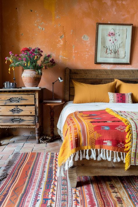 15 Tips to Achieve the Perfect Mexican Farmhouse Decor – Everyday Inspo Mexican Farmhouse Decor, Mexican Farmhouse, Moroccan Inspired Bedroom, Rustic Bedroom Design, Moroccan Bedroom, Earthy Bedroom, Mexican Home Decor, Mexican Home, Yellow Bedroom