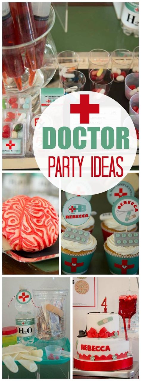 How fun is this amazing doctor party! See more party ideas at CatchMyParty.com! Medical Student Graduation Party, Physician Assistant Party Ideas, Surgeon Party Ideas, Doctor Themed Snacks, Retirement Party Ideas For Doctors, Doctors Day Celebration Ideas, Medical Party Favors, Doctor Retirement Party Ideas, Doctors Day Decoration Ideas