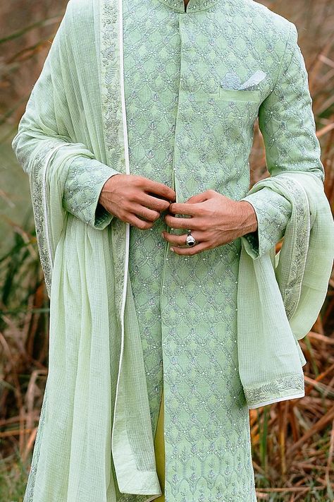 Mint Green & White Sherwani Set Design by Anushree Reddy Men at Pernia's Pop Up Shop 2022 Mens Wedding Looks, Green Indian Wedding, White Sherwani, Groom Sherwani, Sherwani For Men Wedding, Wedding Kurta, Wedding Kurta For Men, Stylish Men Wear, Groom Dress Men