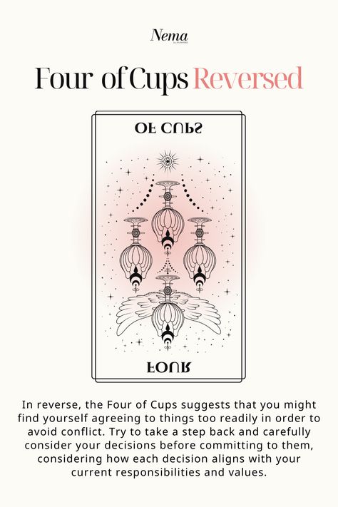 The Four of Cups reversed warns against hasty agreements. Take a step back, reflect, and ensure each decision aligns with your values and responsibilities before committing. 4 Of Cups Tarot Meaning Reversed, 4 Of Cups Tarot Meaning, Knight Of Cups Reversed, 4 Of Cups Tarot, 4 Of Cups, Cups Tarot Meaning, Four Of Cups, Reading Techniques, Knight Of Cups