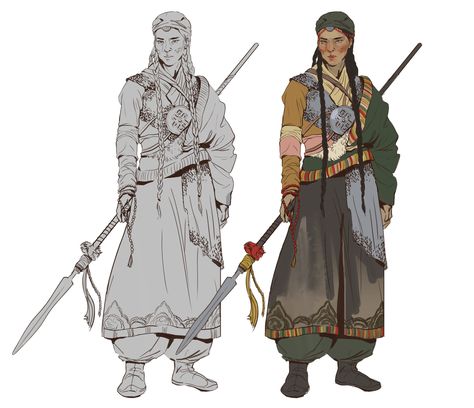 Tibetan Warrior, Flat Shading, Concept Art Character, Warrior Girl, Character Design References, Traditional Clothing, Character Creation, Fantasy Clothing, Dnd Characters