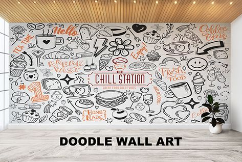 Doodle Wall Mural, Wall Painting Ideas For Cafeteria, Cafe Wall Art Creative, Cafe Doodle Art, Bakery Wall Design, Cafe Wall Art Murals, Wall Graphics Cafe, Office Cafeteria Wall Graphics, Doodle Wall Art For Cafe