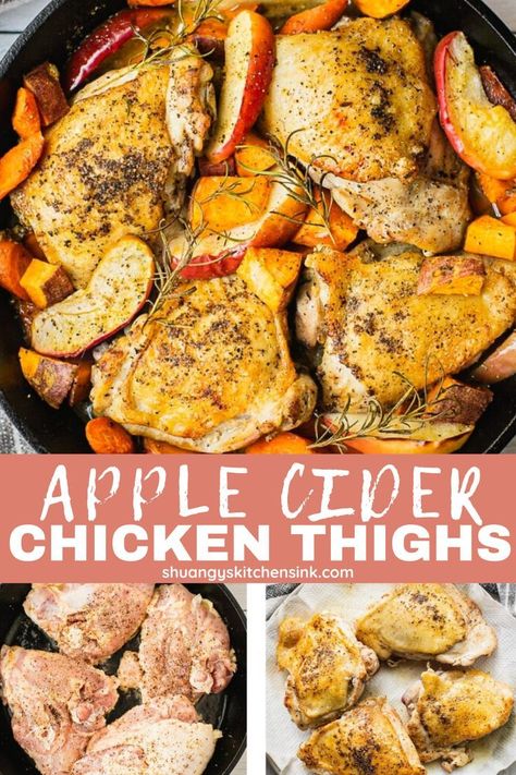 6 reviews · 35 minutes · Gluten free Paleo · Serves 4 · Apple Cider Chicken Skillet | This is the best fall-flavored chicken recipe out there. Tender, juicy, crispy chicken thighs baked in a creamy apple cider dijon mustard sauce mixed with a healthy… Apple Cider Chicken Thighs, Chicken Thigh Crockpot Recipes, Creamy Apple Cider, Apple Cider Chicken, Fall Chicken Recipes, Cider Chicken, Chicken Thighs Baked, Dijon Mustard Sauce, Crispy Chicken Thighs