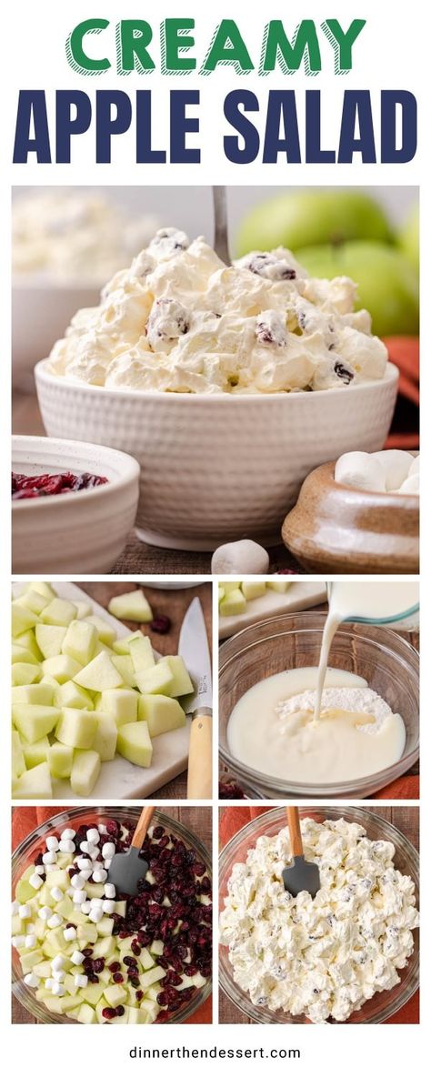 Creamy Apple Salad is an old-fashioned cool and creamy dessert salad made with tart apples, cranberries, cool whip, and mini marshmallows. Apple Marshmallow Salad, Creamy Apple Salad, Apple Salad With Cool Whip, Apple Salad With Marshmallows, Apple Salad Recipe Easy, Marshmellow Salad, Apple Salads, Apple Salad Dressing, Marshmallow Salad