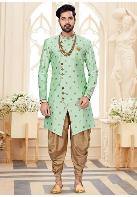 Mint Green Woven Jacquard Indo Western Dhoti Sherwani, Indowestern Dress, Indowestern Sherwani, Sherwani For Men Wedding, Wedding Dresses Men Indian, Sherwani Groom, Coloring For Boys, Sherwani For Men, Men's Ethnic Wear