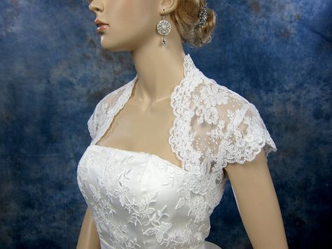 Get a little jacket like this and you can have narrow or no straps?....Ivory cap sleeve bridal lace bolero jacket  keyhole by alexbridal, $84.99 Wedding Cape Veil, Bridal Bolero Jacket, Bolero Jacket Wedding, Lace Bolero Jacket, Wedding Bolero, Lace Shrug, Bridal Shrug, Wedding Shrug, Bridal Bolero