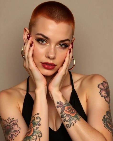 Glamour pose 🥰. Choose one 🤔 ... Four stunning women with buzzcut or short pixiecut and tattoos. Different colors...blonde, pink and ginger. ... Generated by AI (flux.1 dev) #aicreation #aimodels #hairstyle #shorthair #tattooedgirls #pixiecutstyle #buzzcut Red Buzzcut Women, Ginger Buzzcut, Women With Buzzcut, Red Buzzcut, Women Shaved Head, Pink Buzzcut, Different Color Blondes, Female Buzzcut, Bald Haircut