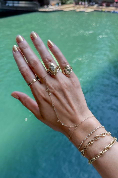 love styling my @psychefinejewelry rings with my vintage gold bracelets and my hand chain Rings And Bracelets Aesthetic, Girl Wishlist, Whimsical Ring, Vintage Gold Bracelet, Hand Chain Jewelry, Journal Therapy, Rings And Bracelets, Ring Chain, Ring Stack