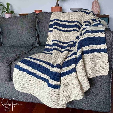 Blue Striped Crochet Blanket, Crochet Blanket Blue And White, Blue White Crochet Blanket, Crochet Blue Blanket, Two Tone Crochet Blanket, Easy Double Crochet Blanket, Blue And White Crochet Blanket, Double Crochet Blanket Pattern, Crocheted Throws