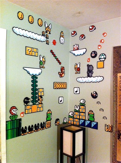 Super Mario Bros Perler Beads, Perler Beads Decoration, Perler Wall Decor, Perler Bead Super Mario, Small Mario Perler Bead Patterns, Hama Beads Room Decor, Perler Beads Wall Decor, Perler Beads Room Decor, Perler Beads Decor