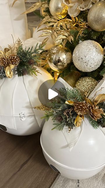 Ideas For Xmas Decorations, Christmas Ornament Table Centerpieces, Silver And Gold Christmas Decor Ideas, Jumbo Ornaments Diy, Giant Bells Christmas Decor, Christmas Ball Centerpieces, Diy Christmas Ornaments Styrofoam Balls, Football Christmas Tree Ideas, How To Make Large Christmas Ornaments