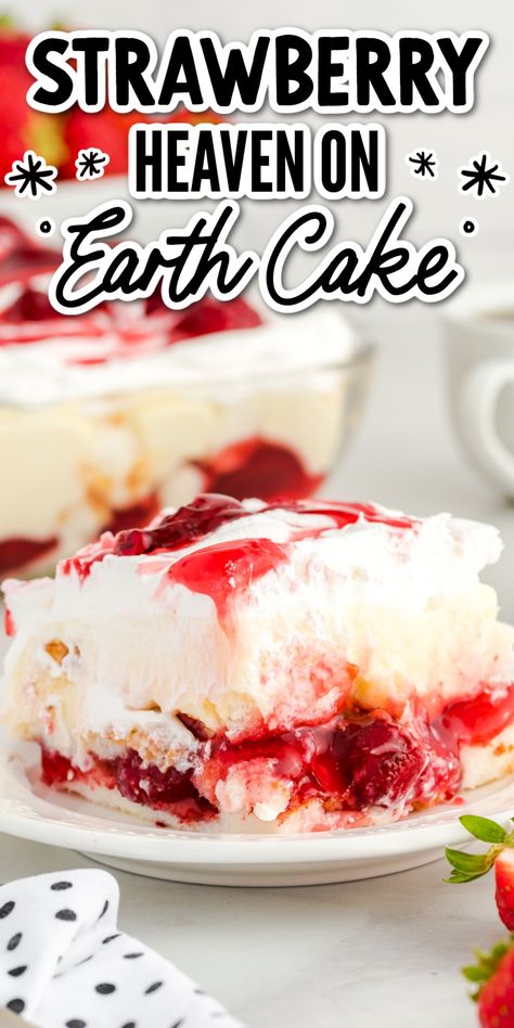 Strawberry Heaven on Earth Cake is a lush dessert worthy of its name, made with angel food cake, creamy pudding, whipped cream, and sweet strawberry pie filling. Heaven On Earth Cake, Pie Filling Desserts, Pudding Whipped Cream, Strawberry Heaven, Strawberry Angel Food Cake, Lush Dessert, Angel Food Cake Desserts, Earth Cake, Canned Strawberries