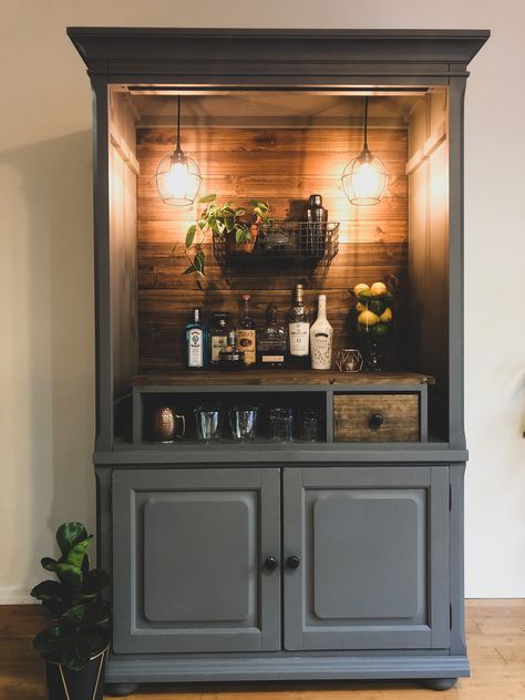 DIY armoire bar Bar Made From Armoire, Diy Bar Armoire, Armoire Repurpose Bar, Armoire To Bar Makeover, Diy Coffee Bar From Armoire, Coffee Bar Dresser Diy, Dresser Wine Cabinet, Armoire Turned Into Bar, Armoire Bar Ideas