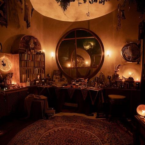 Witch Home Interior, Witch Study Room, Witchcraft Aesthetic Room, Witch House Ideas, Witchy Bar, Witch Room Aesthetic, Witch Living Room, Witch Cottage Interior, Witch House Interior