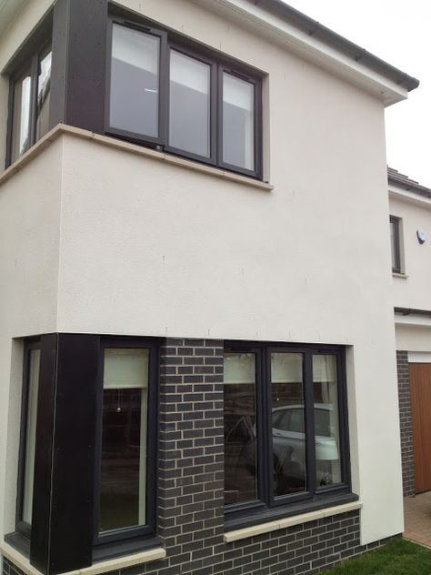 Coloured Upvc Windows, 1930s House Exterior, Grey Brick Houses, Front Window Design, Building Cladding, Kensington House, Rendered Houses, Eco House Design, Grey Windows