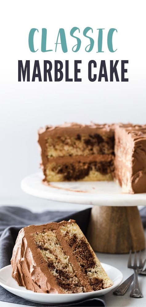 A 2 layer marble cake with lush chocolate frosting is surprisingly easy to make! #marblecake #cake Best Marble Cake Recipe, Whipped Chocolate Frosting, Marble Cake Recipe, Marble Cake Recipes, Slice Of Cake, Snickerdoodle Cookies, Kitchenaid Mixer, One Cake, Different Cakes