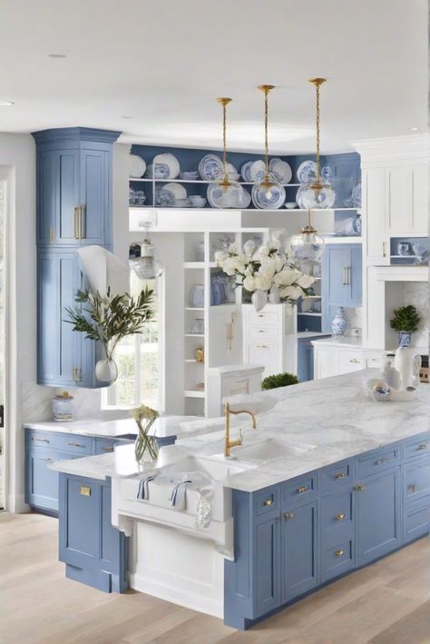 1. Blue and white cabinets
2. Stunning design
3. 2024 inspiration
4. Marvelous kitchen remodel Kitchen Decor Blue And White, Kitchen Remodel Blue And White, Blue And White House Decor, Blue And Gold Kitchen Decor, White And Blue Kitchen Decor, Blue House Aesthetic, Kitchen Decorating Ideas Modern, Blue And White Interior Design, Trending Kitchens