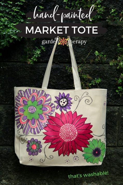 Make a Bright & Happy Hand-Painted Market Tote Bag (That’s Washable!) Market bag, lunch bag, knitting bag, beach bag, travel bag—it doesn’t matter what you decide to use this hand-painted canvas bag for because no matter what you choose, it’s a gorgeous way to replace single use plastic bags with artistic flare. #gardentherapy #totebag Tote Bag Painting Ideas, Bag Painting Ideas, Tote Bag Ideas, Tote Bag Painting, Painted Canvas Bags, Bag Painting, Garden Therapy, Happy Painting, Plain Canvas