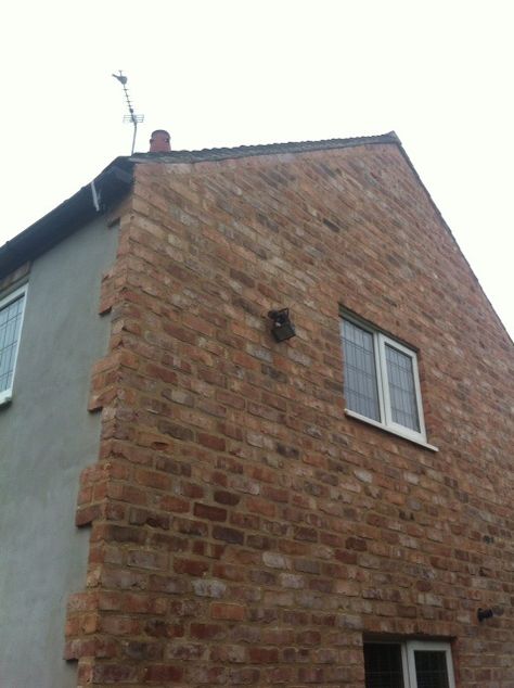 Thanks to Neil Card for some excellent pictures of his recent reclaimed brick slip project. Neil is based in Leicester, please contact us for further details. Brick Slips Exterior, Brick Rendering, Brick Wall Ideas, Brick Slip, External Wall Insulation, Brick Slips, Georgian Style Homes, Garage Exterior, House Facades