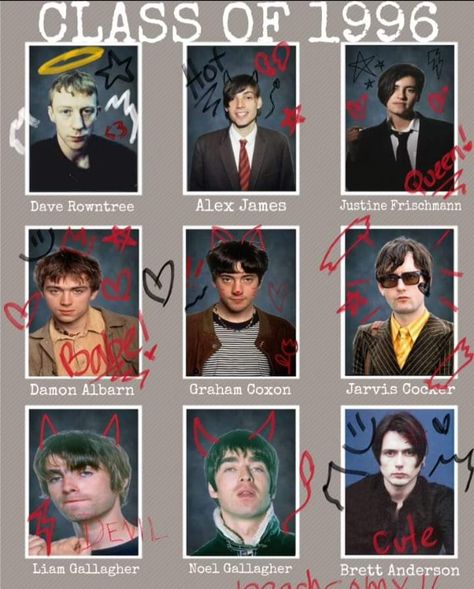 Britpop Aesthetic, Damon Albarn 90s, Oasis Aesthetic, 90s Britpop, British Bands, Brit Pop, Blur Band, Dekorasi Halloween, Liam And Noel