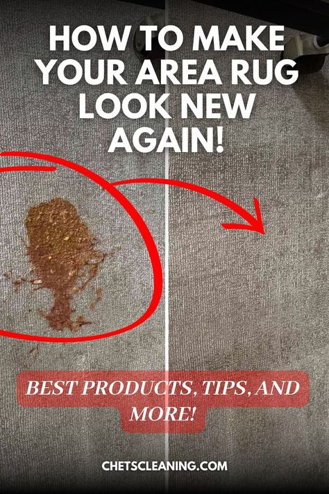 Text: How to make your area rug look new again, best products, tips, and more! Chetscleaning.com and the picture is a side-by-side comparison of a grey rug. The left side has a big brown vomit stain from a dog, and on the right side, it's all cleaned up and looks good again. How To Clean Area Rug At Home, Rug Cleaning Hacks, Cleaning Area Rugs, Big Rugs, Stain Removal, A Fresh Start, Quick Cleaning, Large Area Rugs, Fresh Start