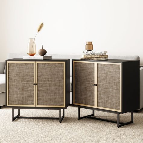 Nathan James Kova Natural Cane Rattan Doors Accent Cabinet with Metal Base and Adjustable Shelf - Bed Bath & Beyond - 35805314 Nathan James Kova Cabinet, Black Rattan Living Room, Japandi Cabinet, Moving Inspiration, Cane Door, Rattan Doors, Nathan James, Apartment Checklist, Accent Storage Cabinet