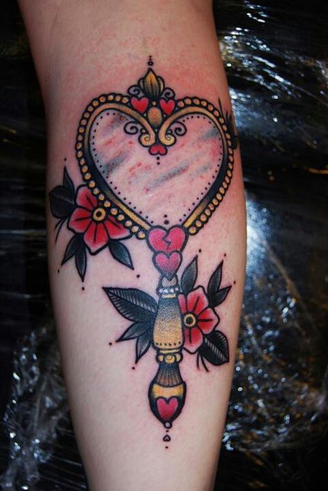 By Kelly at Fives Magic, Sheffield Perfume Bottle Tattoo, New Tattoo Styles, Mirror Tattoo, Victorian Tattoo, Mirror Tattoos, Jewel Tattoo, Bottle Tattoo, Traditional Tattoo Design, Pin Up Tattoos