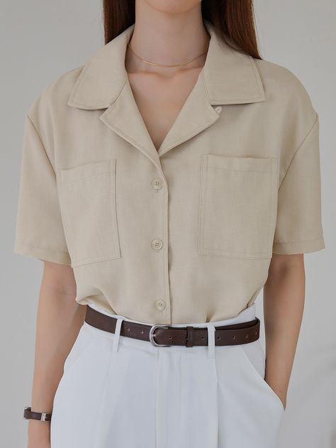 Khaki Casual  Short Sleeve Polyester Plain Shirt Embellished Non-Stretch  Women Tops, Blouses & Tee Drop Shoulder Blouse, Short Shirt, Plain Shirt, Women Blouses, Plain Shirts, Short Shirts, Women Tops, Short Sleeve Blouse, Fashion Online Shop