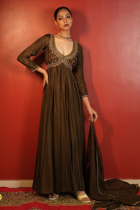 Buy Brown Upada Silk Hand Embellished Zardozi And Yoke Anarkali With Dupatta For Women by Enamour By Radha Online at Aza Fashions. Brown Color Dress, Brown Anarkali, Anarkali With Dupatta, Fusion Wear, Indian Designer Suits, Color Dress, Indian Designer, Hand Work, Indian Design