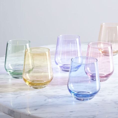 Colored Glassware Is the Tableware Trend We're Loving for Summer 2021 Ashley Stark, Champagne Flute Set, Jewel Tone Colors, Colored Glassware, Glass Cake Stand, Glass Cakes, 1 Rose, Wine Glass Set, Stemless Wine Glasses