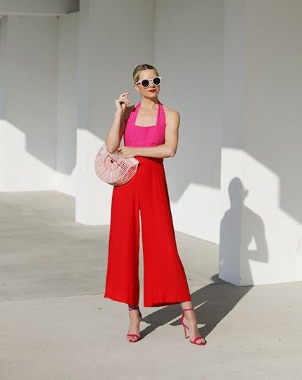 12.17 pink & red // staud (Staud 'joyce' two-tone jumpsuit in pink/red + Schutz 'cadey lee' sandals in bright rose + Cult Gaia acrylic 'ark' bag in pink) Red And White Outfits, Hot Pink Fashion, Combination Dresses, Pink Color Combination, Blair Eadie, Color Blocking Outfits, Pink And White Dress, Maxi Outfits, My Favorite Color