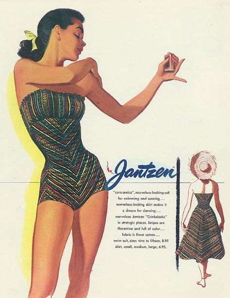 Pete Hawley fashion illustrations | Illustration by Pete Hawley, 1952 Jantzen swimwear vintage ad.Jantzen ... Jantzen Swimwear, Vintage Bathing Suits, Ad Fashion, Vintage Swim, Vintage Swimsuit, Fashion Swimwear, Vintage Swimwear, Vintage Skirts, Vintage Swimsuits