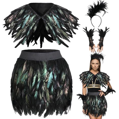 PRICES MAY VARY. Halloween Gothic Evil Queen Cosplay Set: you will receive 1 black feather shawl, 1 black feather skirt, 1 pair of black feather lace long gloves and 1 black feathers headband; The thoughtful set will certainly cast you as a striking gothic evil queen, making your cosplay memorable and impactful at Halloween parties Spooky Feather Design: the gothic crow costume features the creative application of lightweight and comfortable natural feathers, and the mysterious black color makes Raven Costume, Feather Shawl, Crow Costume, Owl Costume, Feather Cape, Victorian Corset, Feather Skirt, Costume Ball, Queen Costume