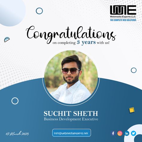 Happy work anniversary to our cheerful team member, Suchit Sheth for completing 3 years with us. Thank you for being a dedicated and cheerful member of our team. Wishing you the best for years to come. . . . . . #webmediaexperts #webdevelopment #workanniversary #workanniversarycelebration #employeeappreciation #employeeanniversary #workculture #appreciationposts #congratulations #teamwork #anniversary #gratitude Work Anniversary Ideas For Employees, Work Anniversary Post, Happy Work Anniversary, Graphic Design Portfolio Cover, Work Anniversary, Work Culture, Wish You The Best, Employee Appreciation, Team Member