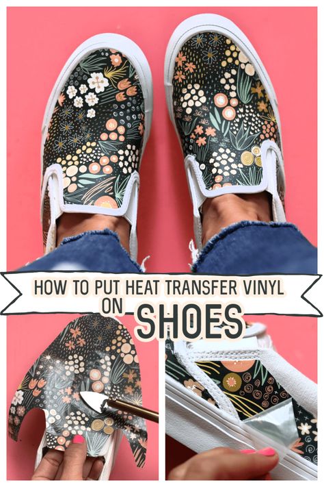 Did you know you could put patterned vinyl on shoes!? Get all the tips and tricks! #HTV #irononvinyl Decorate Sneakers Diy, Patterned Vinyl Ideas, Vinyl On Shoes, Iron On Vinyl Ideas, Diy Fabric Shoes, Diy Sneakers Designs, Vinyl Shoes, Canvas Shoes Diy, Shoe Painting