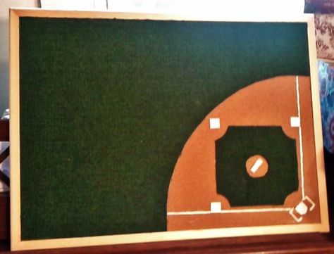 I had the hardest time trying to figure out what to make for a guy's graduation present. Finally came up with doing a bulletin board that looks like a baseball diamond. Great way to make something that he'll actually use. I also made small baseball pins (not pictured) by using white, circular thumb tacks and using a red sharpie to draw the baseball threads. Baseball Board Ideas, Baseball Classroom Door Ideas, Baseball Art Projects, Baseball Bulletin Board Ideas, Baseball Trifold Board Ideas, Diy Baseball Lineup Board, Baseball Bulletin Board, Baseball Field Template Free Printable, Baseball Pins