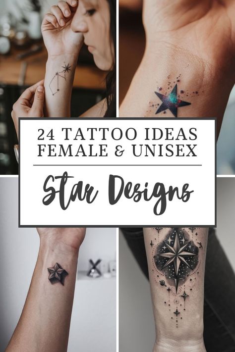 Collage of four star-themed tattoos on different body parts, showcasing designs for women and unisex styles. Nova Star Tattoo Ideas, Orion Stars Tattoo, Delicate Stars Tattoo, Star Tattoo Cover Up, Star Wrist Tattoos For Women, Celestial Tattoos For Women, Star Tattoos On Hand, Stars Wrist Tattoo, Stars Tattoos For Women