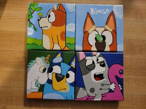 Bluey, Bingo, Muffin Heeler Acrylic Painting Ideas Cartoon, Bluey Painting Ideas, Bluey Painting Ideas On Canvas, Mini Canvas Cartoon Paintings, Bluey Canvas Painting, Bluey Painting, Easy Character Paintings On Canvas, Bluey Cartoon Painting, Bluey Cartoon Canvas Painting